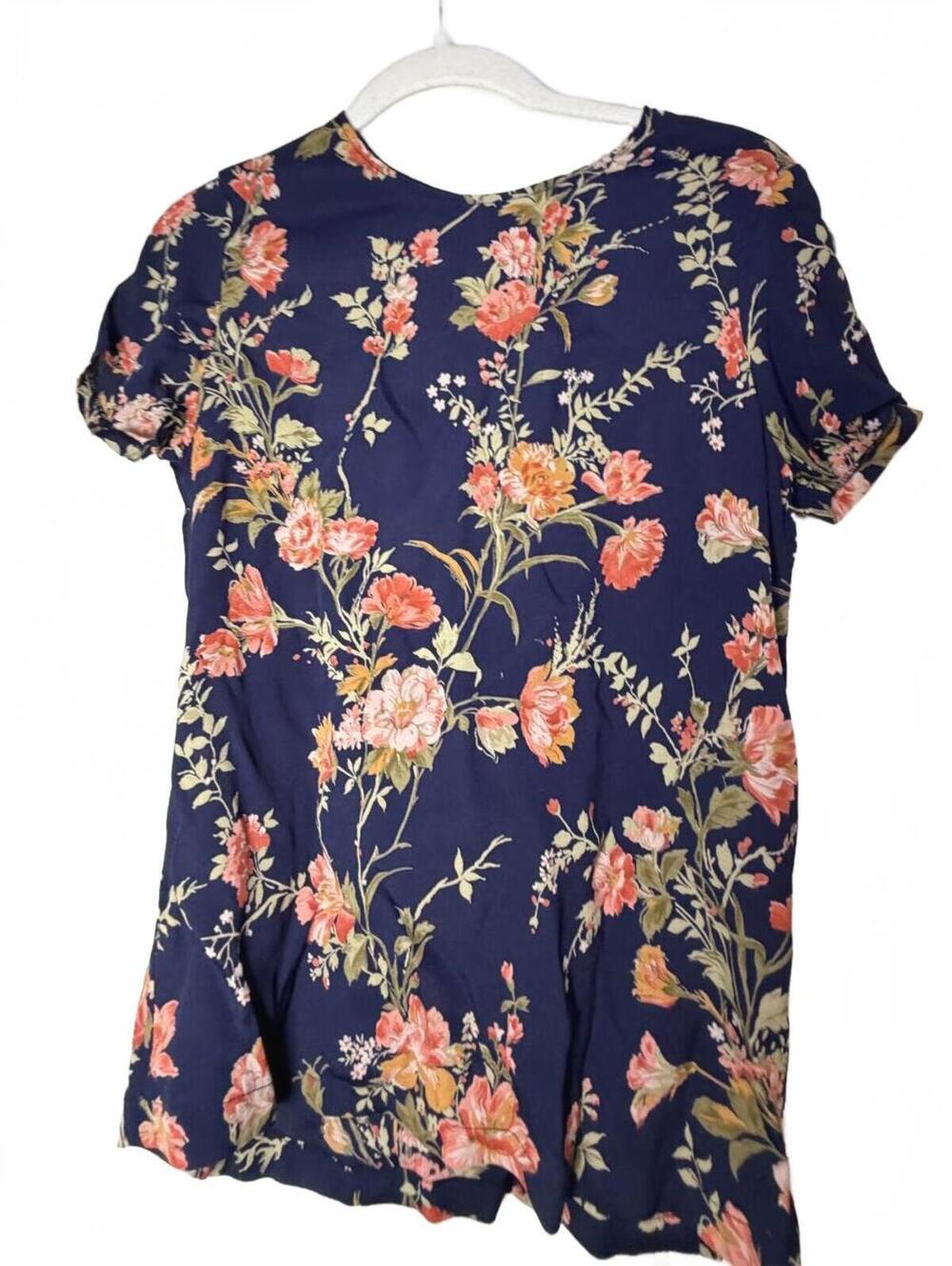 Reformation Navy Floral Keyhole Back Short Sleeve Blouse Blue Pink Size M